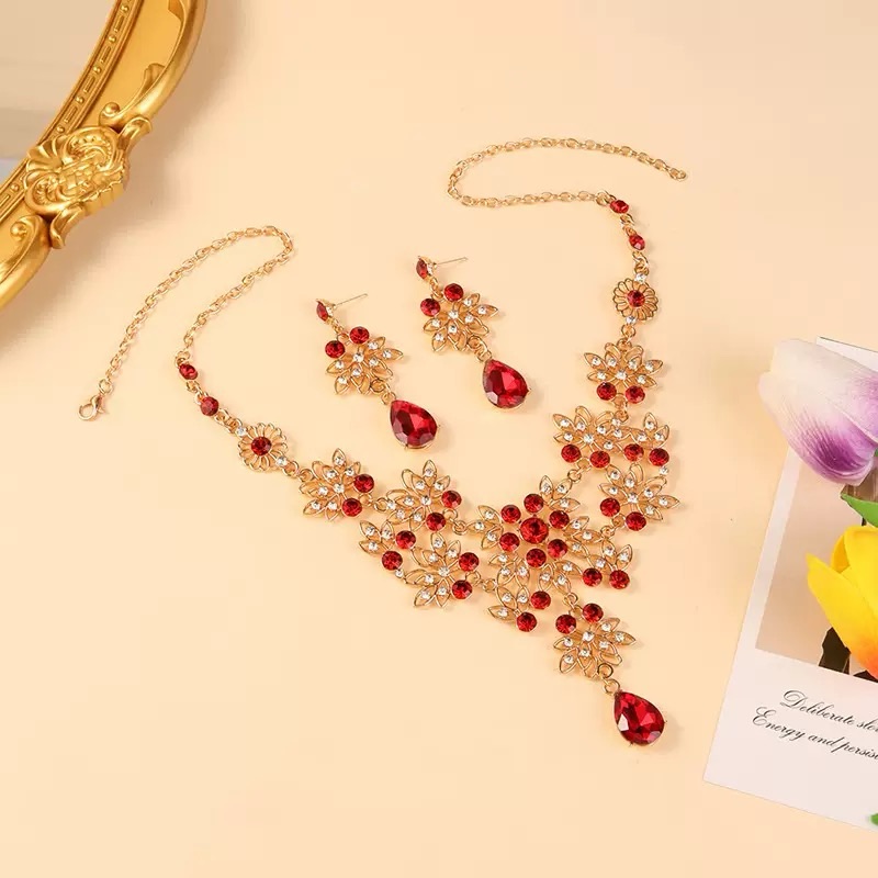 Vintage Gold-Tone Floral Necklace & Earring Set With Red Gemstones